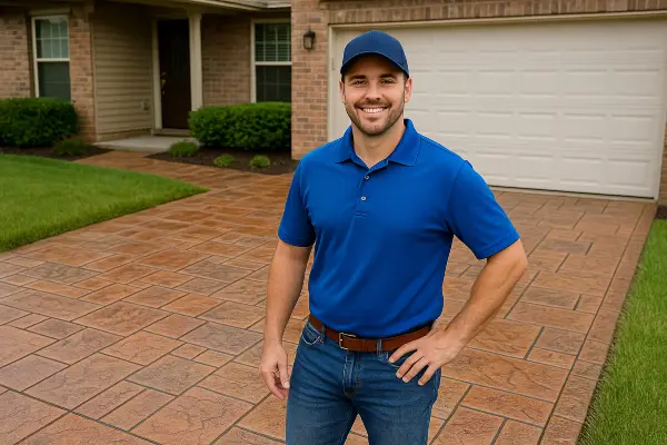 a concrete contractor smiling at the camera with stamped concrete behind him from Concrete Contractor Hutto in Hutto, TX - Concrete Slab Foundation a concrete contractor smiling at the camera with stamped concrete behind him from Concrete Contractor Hutto in Hutto, TX - Concrete Slab Foundation