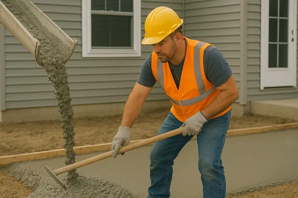 a man spreading the cement that a truck is pouring onto the ground from Concrete Contractor Hutto in Hutto, TX - Concrete Walkways a man spreading the cement that a truck is pouring onto the ground from Concrete Contractor Hutto in Hutto, TX - Concrete Walkways