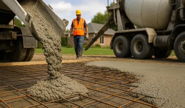 a cement truck pouring cement over rebar from Concrete Contractor Hutto in Hutto, TX - Driveway Installation a cement truck pouring cement over rebar from Concrete Contractor Hutto in Hutto, TX - Driveway Installation
