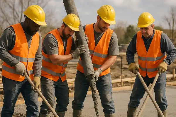 4 workers pouring and spreading concrete on the ground from Concrete Contractor Hutto in Georgetown, TX - Georgetown TX