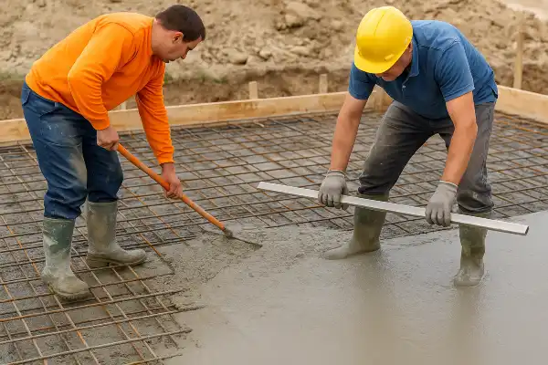 2 workers spreading fresh cement over rebar from Concrete Contractor Hutto in Hutto, TX - Stamped Concrete Services 2 workers spreading fresh cement over rebar from Concrete Contractor Hutto in Hutto, TX - Stamped Concrete Services